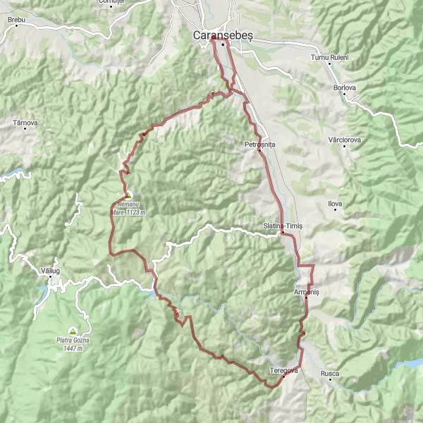Map miniature of "Exploring Teregova and Beyond" cycling inspiration in Vest, Romania. Generated by Tarmacs.app cycling route planner
