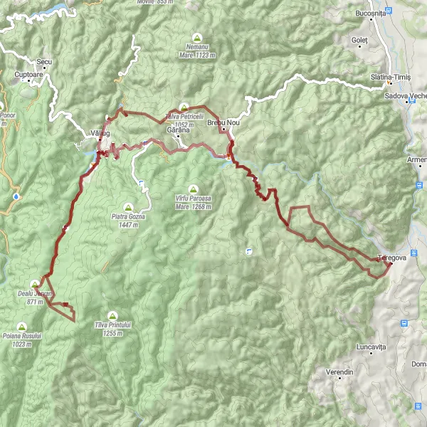 Map miniature of "Adventure to Gărâna and Văliug" cycling inspiration in Vest, Romania. Generated by Tarmacs.app cycling route planner