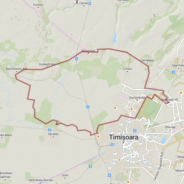 Map miniature of "The Giarmata-Vii Loop" cycling inspiration in Vest, Romania. Generated by Tarmacs.app cycling route planner