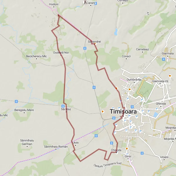 Map miniature of "The Utvin Escape" cycling inspiration in Vest, Romania. Generated by Tarmacs.app cycling route planner