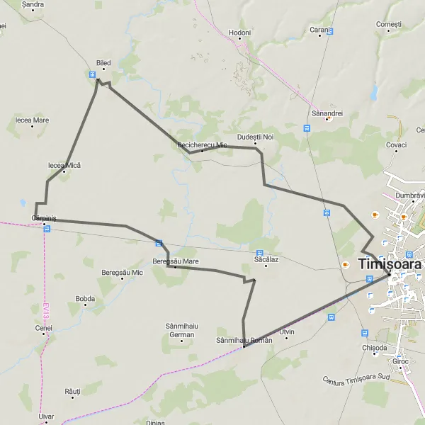 Map miniature of "Exploring Timişoara" cycling inspiration in Vest, Romania. Generated by Tarmacs.app cycling route planner