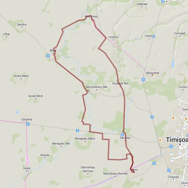 Map miniature of "The Biled Loop" cycling inspiration in Vest, Romania. Generated by Tarmacs.app cycling route planner