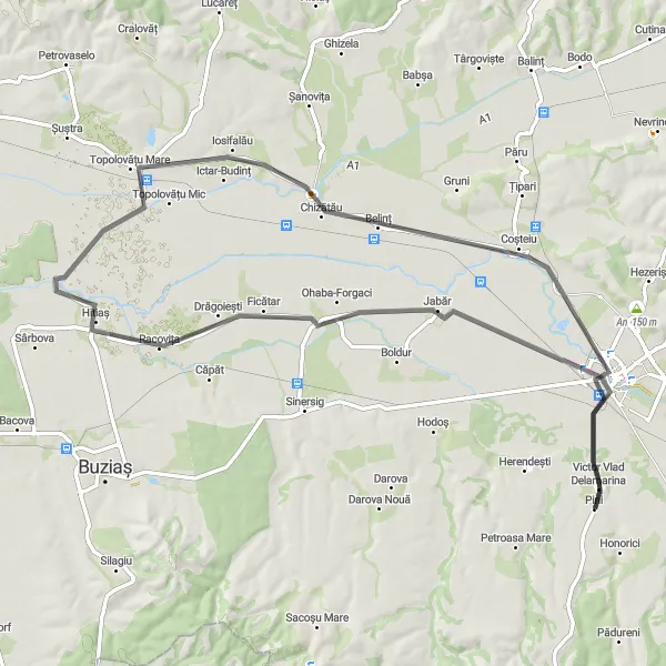 Map miniature of "Jabăr, Hitiaș, Chizătău, and Lugoj Cycling Adventure" cycling inspiration in Vest, Romania. Generated by Tarmacs.app cycling route planner