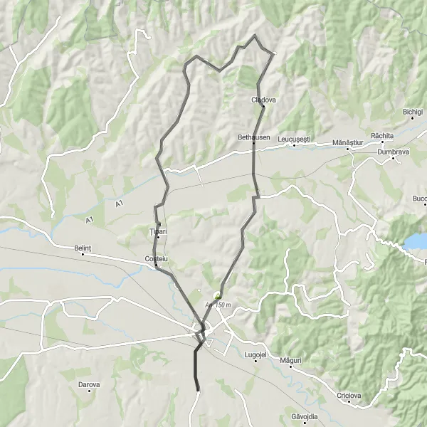 Map miniature of "The Coșteiu Road Adventure" cycling inspiration in Vest, Romania. Generated by Tarmacs.app cycling route planner