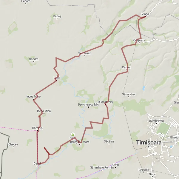 Map miniature of "Discover Rural Treasures: Călacea, Dudeștii Noi, Bobda, Iecea Mică, and Satchinez" cycling inspiration in Vest, Romania. Generated by Tarmacs.app cycling route planner