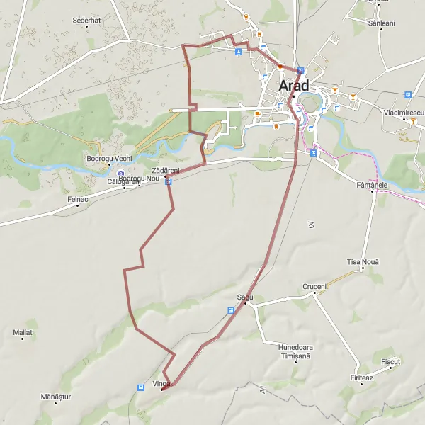 Map miniature of "Zădăreni, Gai, and Arad Gravel Loop" cycling inspiration in Vest, Romania. Generated by Tarmacs.app cycling route planner