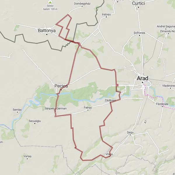 Map miniature of "Sânpetru German to Zădăreni Gravel Route" cycling inspiration in Vest, Romania. Generated by Tarmacs.app cycling route planner