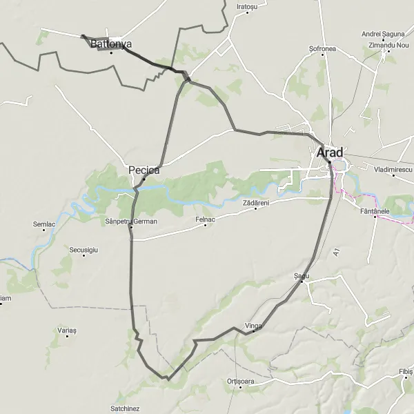 Map miniature of "Sânpetru German to Aradu Nou Route" cycling inspiration in Vest, Romania. Generated by Tarmacs.app cycling route planner