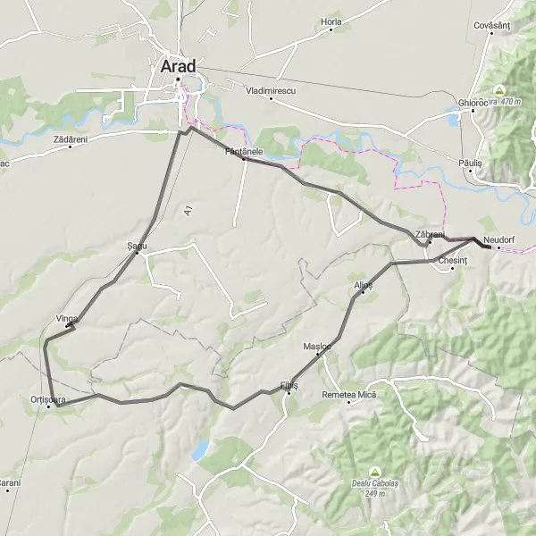 Map miniature of "Road Cycling Adventure to Fântânele and Orțișoara" cycling inspiration in Vest, Romania. Generated by Tarmacs.app cycling route planner