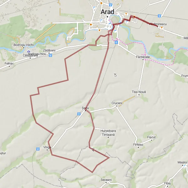 Map miniature of "Gravel Adventure through Aradu Nou and Vinga" cycling inspiration in Vest, Romania. Generated by Tarmacs.app cycling route planner