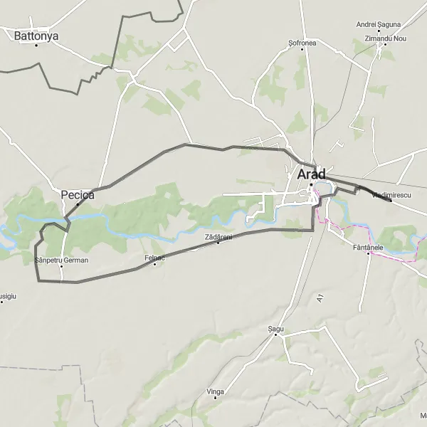 Map miniature of "Pecica Circuit" cycling inspiration in Vest, Romania. Generated by Tarmacs.app cycling route planner