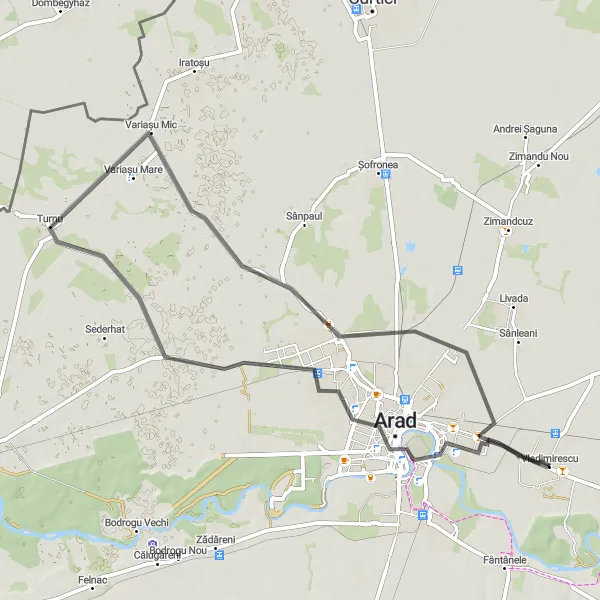 Map miniature of "Arad Valley Loop" cycling inspiration in Vest, Romania. Generated by Tarmacs.app cycling route planner