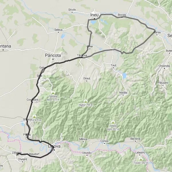 Map miniature of "Exploring the Countryside" cycling inspiration in Vest, Romania. Generated by Tarmacs.app cycling route planner
