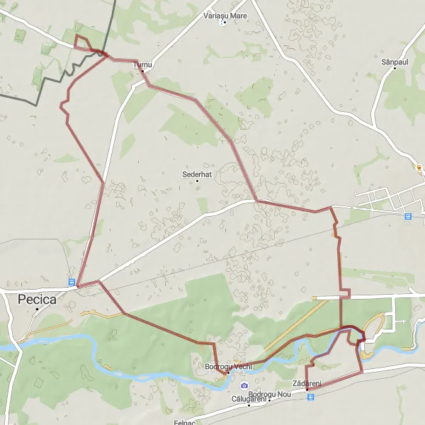 Map miniature of "Zădăreni to Turnu Gravel Route" cycling inspiration in Vest, Romania. Generated by Tarmacs.app cycling route planner