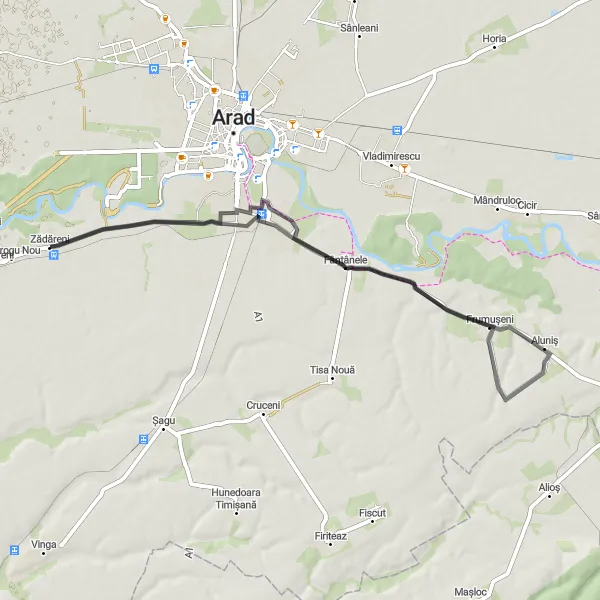 Map miniature of "Zădăreni to Aradu Nou Road Route" cycling inspiration in Vest, Romania. Generated by Tarmacs.app cycling route planner