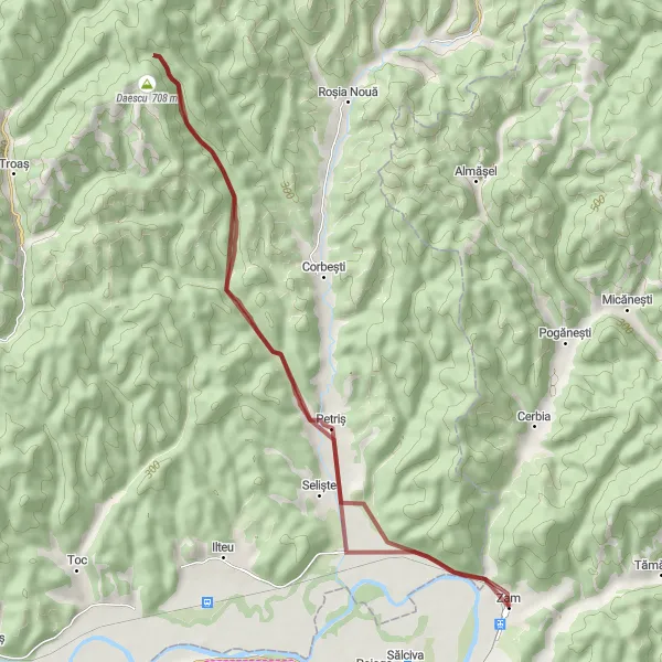 Map miniature of "Petriș and Daescu Gravel Loop" cycling inspiration in Vest, Romania. Generated by Tarmacs.app cycling route planner