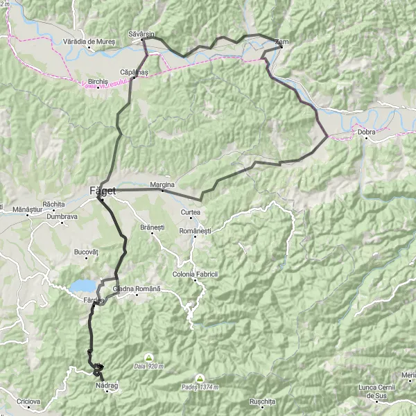 Map miniature of "The Transylvanian Adventure" cycling inspiration in Vest, Romania. Generated by Tarmacs.app cycling route planner