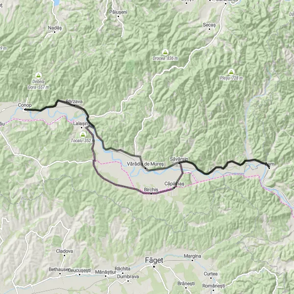 Map miniature of "Zam to Nicolae Bălcescu and back" cycling inspiration in Vest, Romania. Generated by Tarmacs.app cycling route planner