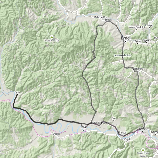 Map miniature of "Zam Highland Adventure" cycling inspiration in Vest, Romania. Generated by Tarmacs.app cycling route planner