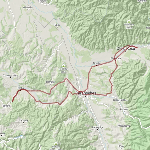 Map miniature of "Zăvoi Gravel Expedition" cycling inspiration in Vest, Romania. Generated by Tarmacs.app cycling route planner