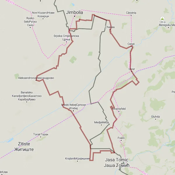 Map miniature of "Rural Gravel Exploration" cycling inspiration in Autonomous Province of Vojvodina, Serbia. Generated by Tarmacs.app cycling route planner