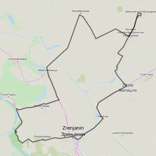 Map miniature of "Cycling Adventure through the Countryside" cycling inspiration in Autonomous Province of Vojvodina, Serbia. Generated by Tarmacs.app cycling route planner