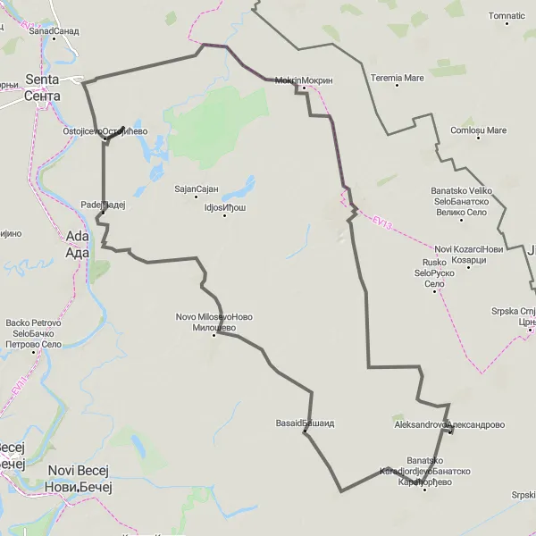 Map miniature of "Exploring Eastern Vojvodina" cycling inspiration in Autonomous Province of Vojvodina, Serbia. Generated by Tarmacs.app cycling route planner