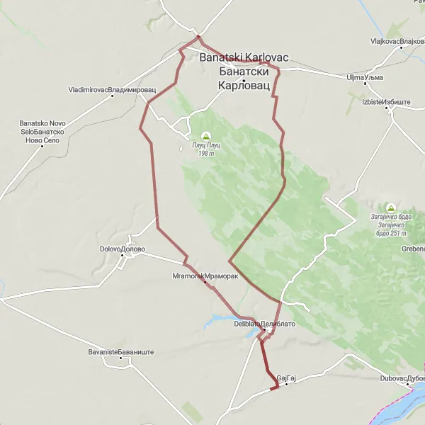 Map miniature of "Alibunar Gravel Adventure" cycling inspiration in Autonomous Province of Vojvodina, Serbia. Generated by Tarmacs.app cycling route planner