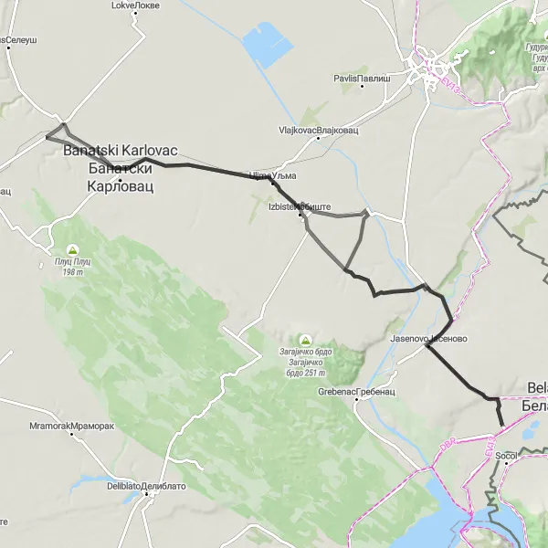 Map miniature of "Izbiste Challenge" cycling inspiration in Autonomous Province of Vojvodina, Serbia. Generated by Tarmacs.app cycling route planner