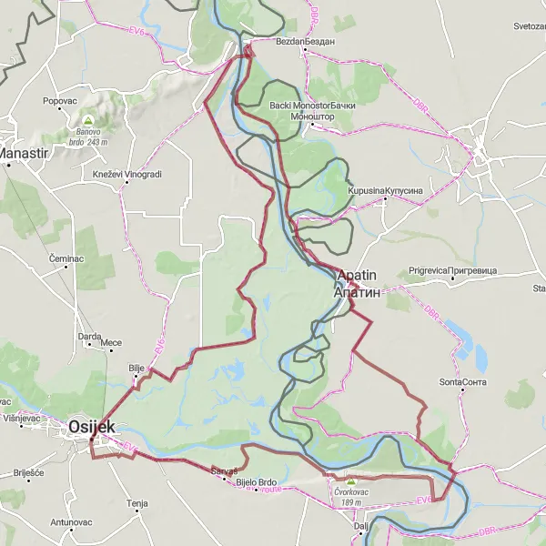 Map miniature of "The River Adventure" cycling inspiration in Autonomous Province of Vojvodina, Serbia. Generated by Tarmacs.app cycling route planner