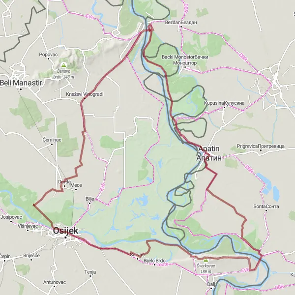 Map miniature of "Exploring Rural Gravel Roads" cycling inspiration in Autonomous Province of Vojvodina, Serbia. Generated by Tarmacs.app cycling route planner