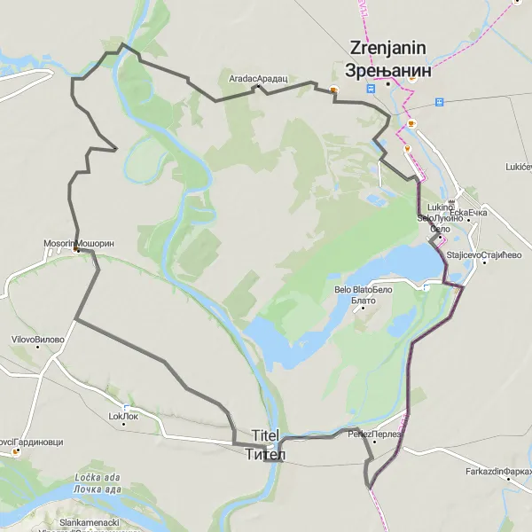 Map miniature of "Cultural Trail to Mosorin" cycling inspiration in Autonomous Province of Vojvodina, Serbia. Generated by Tarmacs.app cycling route planner