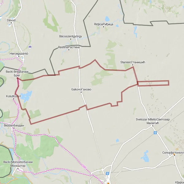 Map miniature of "Serene Gravel Ride" cycling inspiration in Autonomous Province of Vojvodina, Serbia. Generated by Tarmacs.app cycling route planner