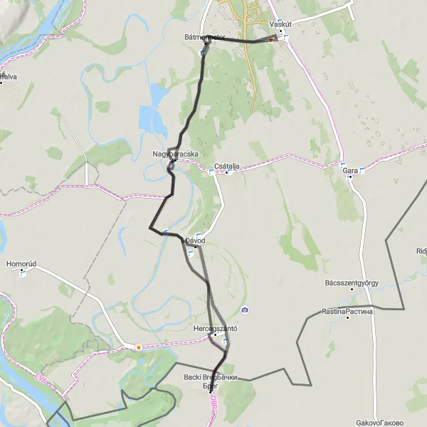 Map miniature of "Baracska Circuit" cycling inspiration in Autonomous Province of Vojvodina, Serbia. Generated by Tarmacs.app cycling route planner
