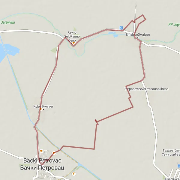 Map miniature of "Backi Petrovac - Ravno Selo Gravel Loop" cycling inspiration in Autonomous Province of Vojvodina, Serbia. Generated by Tarmacs.app cycling route planner