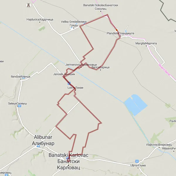 Map miniature of "The Lokve Loop" cycling inspiration in Autonomous Province of Vojvodina, Serbia. Generated by Tarmacs.app cycling route planner