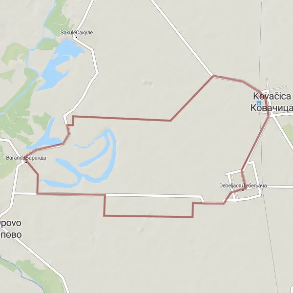 Map miniature of "Discovering the Charm of Baranda Gravel Route" cycling inspiration in Autonomous Province of Vojvodina, Serbia. Generated by Tarmacs.app cycling route planner