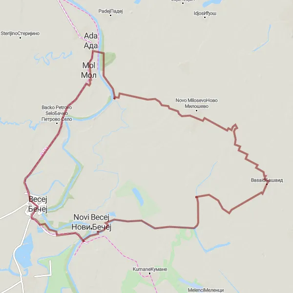 Map miniature of "Gravel Adventure to Becej" cycling inspiration in Autonomous Province of Vojvodina, Serbia. Generated by Tarmacs.app cycling route planner