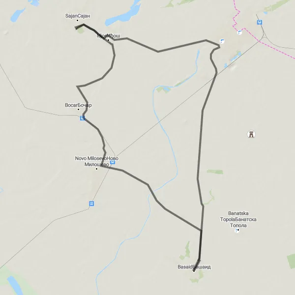 Map miniature of "Basaid to Novo Milosevo Loop" cycling inspiration in Autonomous Province of Vojvodina, Serbia. Generated by Tarmacs.app cycling route planner