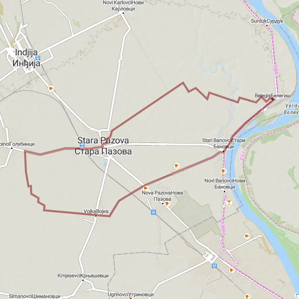 Map miniature of "Stari Banovci-Vojka Gravel Route" cycling inspiration in Autonomous Province of Vojvodina, Serbia. Generated by Tarmacs.app cycling route planner