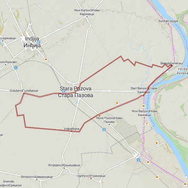 Map miniature of "Vojka-Golubinci Gravel Loop" cycling inspiration in Autonomous Province of Vojvodina, Serbia. Generated by Tarmacs.app cycling route planner