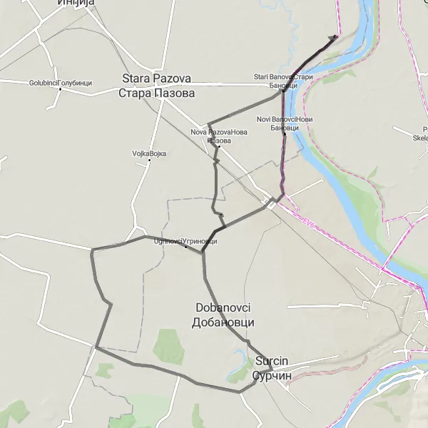 Map miniature of "Belegiš - Stari Banovci - Petrovcic - Ugrinovci - Stari Banovci - Belegiš" cycling inspiration in Autonomous Province of Vojvodina, Serbia. Generated by Tarmacs.app cycling route planner