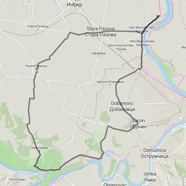 Map miniature of "Belegiš - Stari Banovci - Belegiš" cycling inspiration in Autonomous Province of Vojvodina, Serbia. Generated by Tarmacs.app cycling route planner