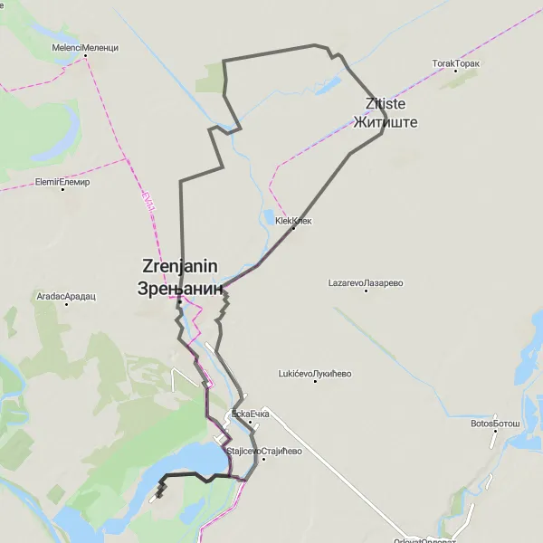 Map miniature of "Lukino Selo - Ecka Loop" cycling inspiration in Autonomous Province of Vojvodina, Serbia. Generated by Tarmacs.app cycling route planner