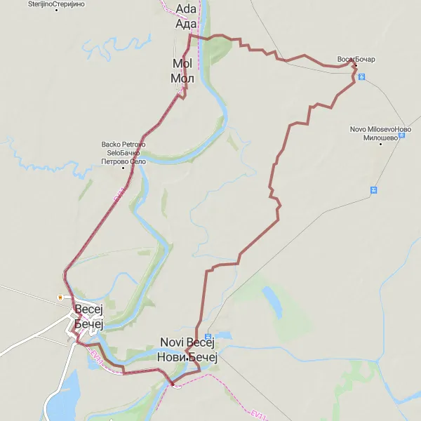 Map miniature of "Novi Becej and Becej Gravel Loop" cycling inspiration in Autonomous Province of Vojvodina, Serbia. Generated by Tarmacs.app cycling route planner