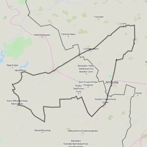 Map miniature of "Idjos and Nakovo Road Loop" cycling inspiration in Autonomous Province of Vojvodina, Serbia. Generated by Tarmacs.app cycling route planner