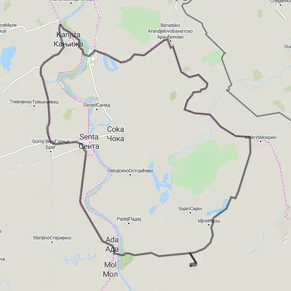 Map miniature of "Ada and Novi Knezevac Road Loop" cycling inspiration in Autonomous Province of Vojvodina, Serbia. Generated by Tarmacs.app cycling route planner