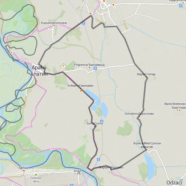 Map miniature of "Sonta-Svilojevo-Bukovac-Doroslovo-Bogojevo Road Route" cycling inspiration in Autonomous Province of Vojvodina, Serbia. Generated by Tarmacs.app cycling route planner