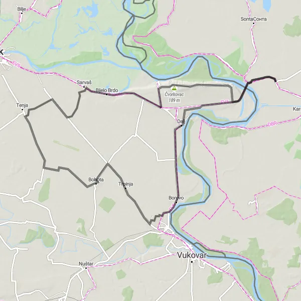 Map miniature of "The Beautiful Countryside Route" cycling inspiration in Autonomous Province of Vojvodina, Serbia. Generated by Tarmacs.app cycling route planner