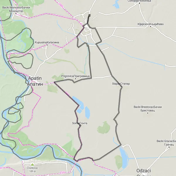 Map miniature of "Sonta to Bogojevo Adventure" cycling inspiration in Autonomous Province of Vojvodina, Serbia. Generated by Tarmacs.app cycling route planner